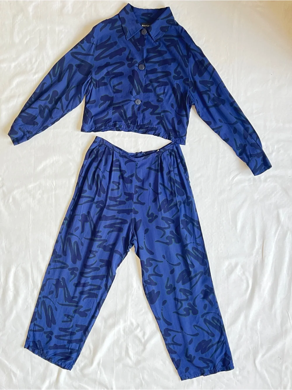 VTG Marimekko Finland 2pc set blouse pants cotton abstract print cropped top